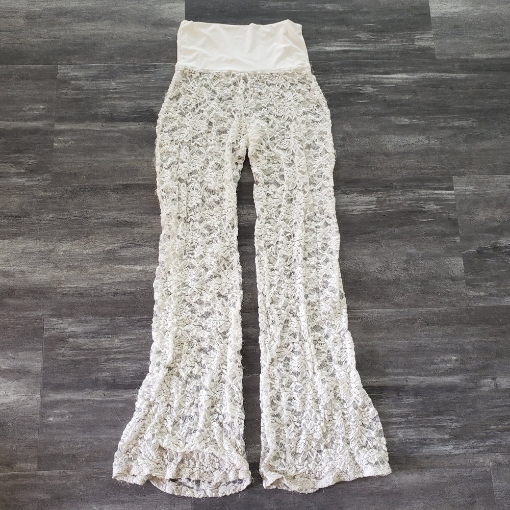 White Lace Detailed High Waisted Flare Pant - Picture 1 of 6
